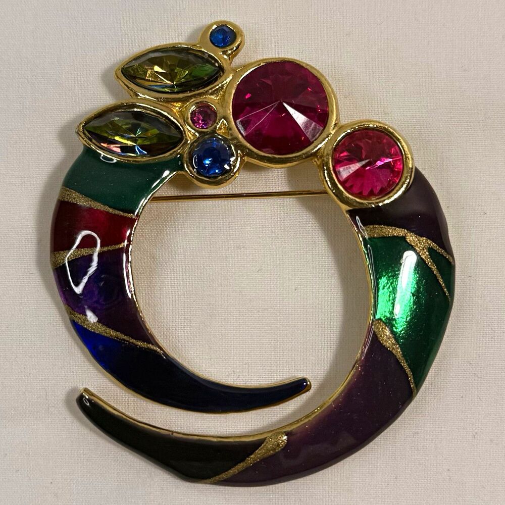 Vintage ECD Signed Enamel Rhinestone Brooch Gold Tone Multicolor 2”